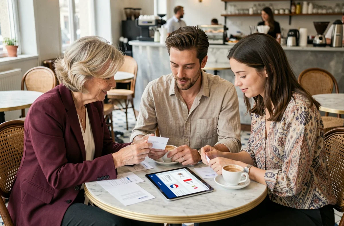 Groupe de professionnels français réunis dans un café parisien pour échanger des contacts et découvrir les avantages d'un réseau business en ligne dédié aux entreprises françaises