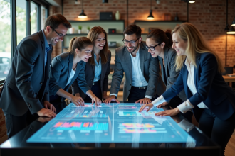Groupe de professionnels autour d'une table digitale en réunion