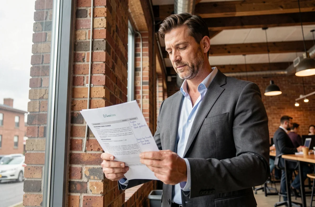 Homme d'affaires analysant un CV commercial dans un espace de coworking, illustrant l'évaluation des soft skills en recrutement