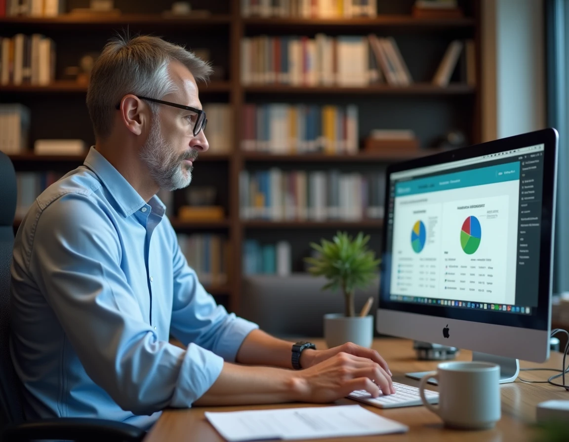 Homme d'affaires consultant une ressource en ligne pour optimiser sa stratégie B2B depuis son bureau privé
