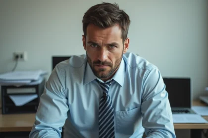 Homme fatigué au bureau avec chemise froissée