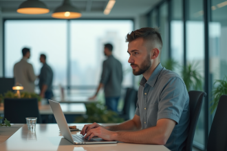 Homme en bureau moderne travaillant sur son ordinateur