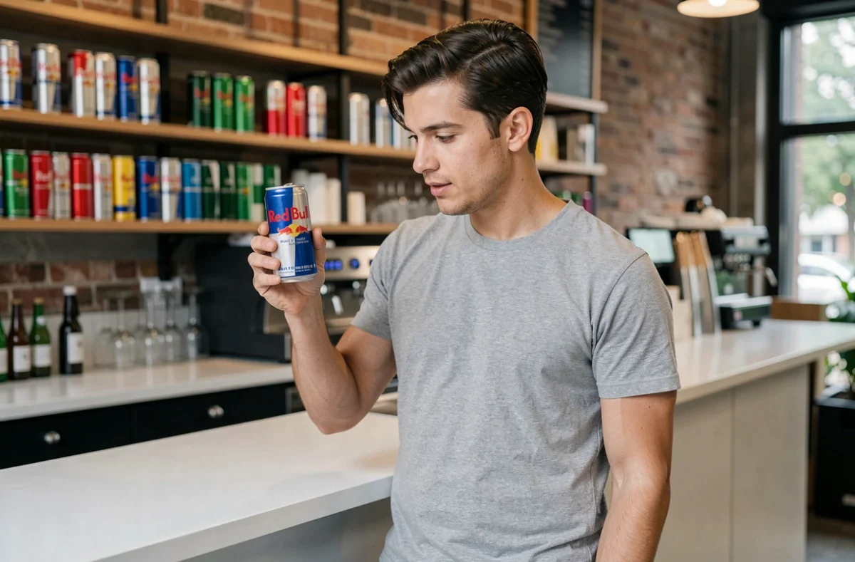 Homme tenant une canette Red Bull dans un bar urbain moderne, examinant le design de la boisson énergisante