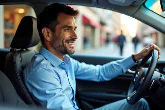 Homme d'âge moyen dans une voiture compacte moderne
