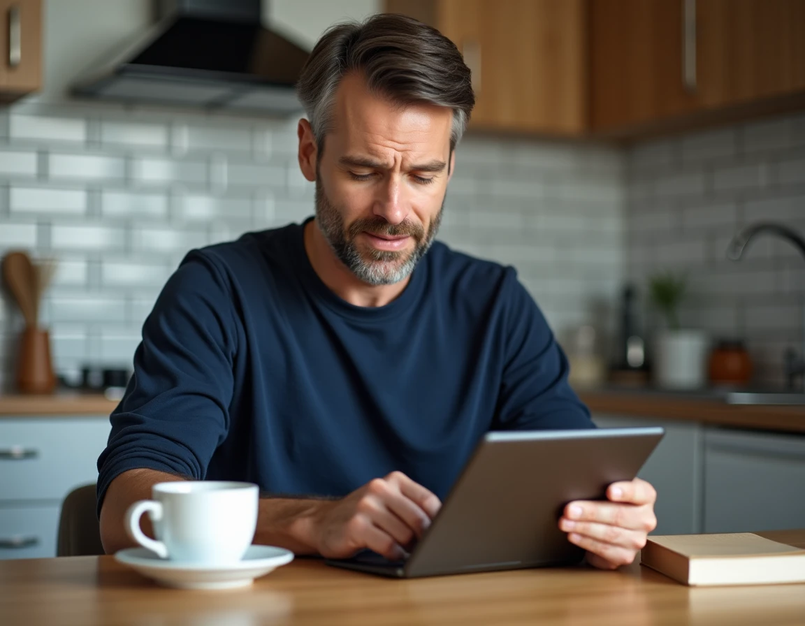 Homme consultant les alternatives gratuites au numéro de téléphone Backmarket sur une tablette dans sa cuisine