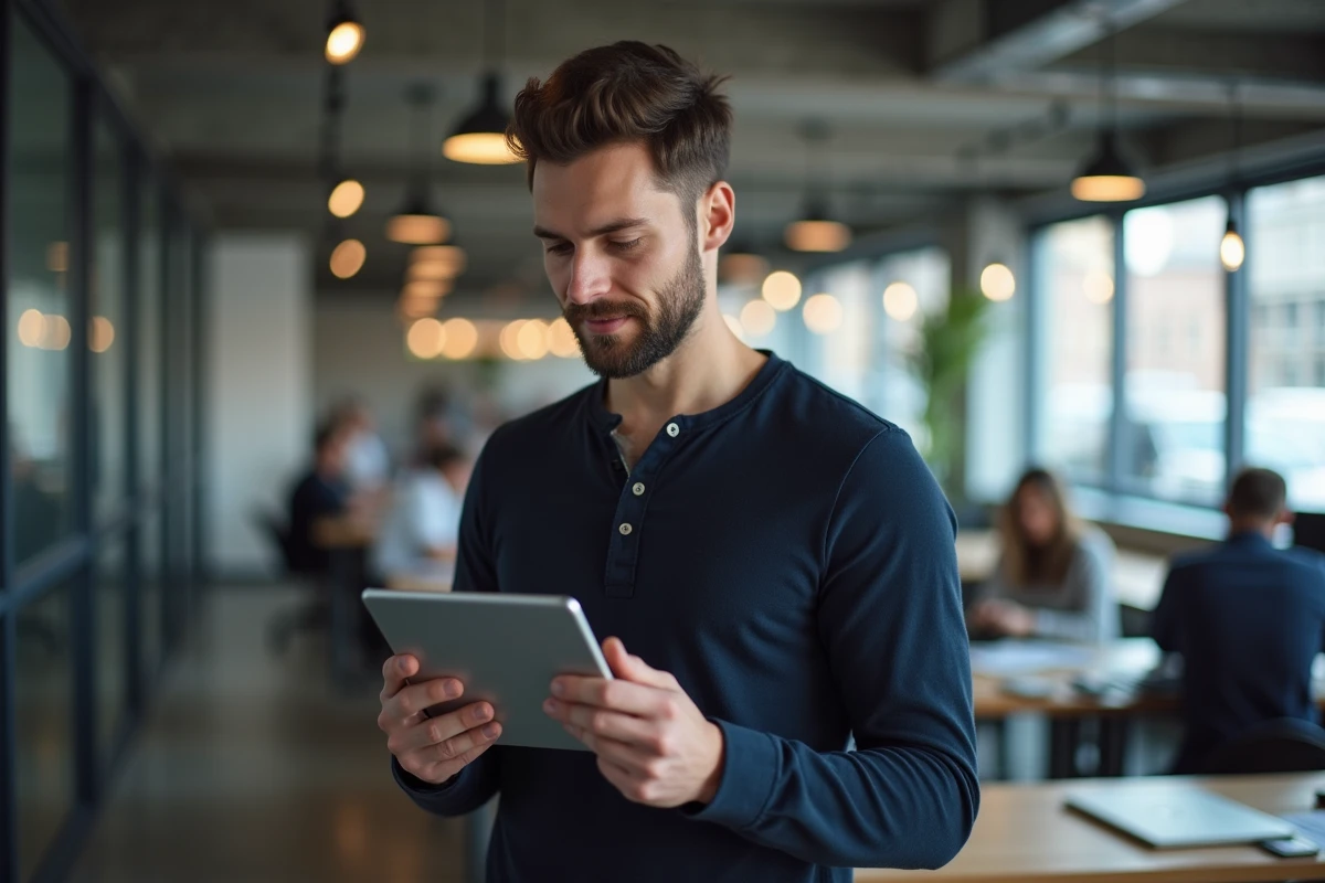 Homme entrepreneur consultant une plateforme de création d'entreprise sur une tablette dans un espace de coworking