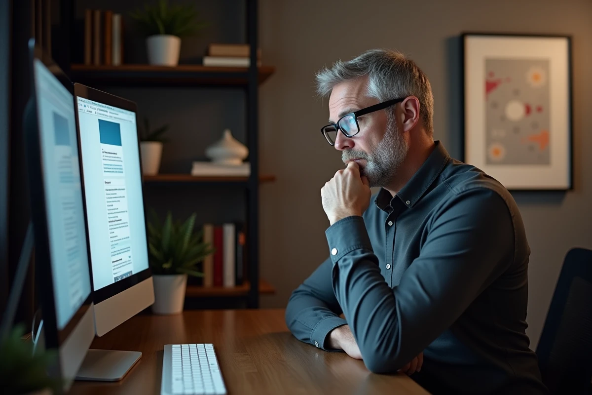 Homme analysant son profil LinkedIn sur écran pour améliorer le taux de clic grâce au formatage en gras