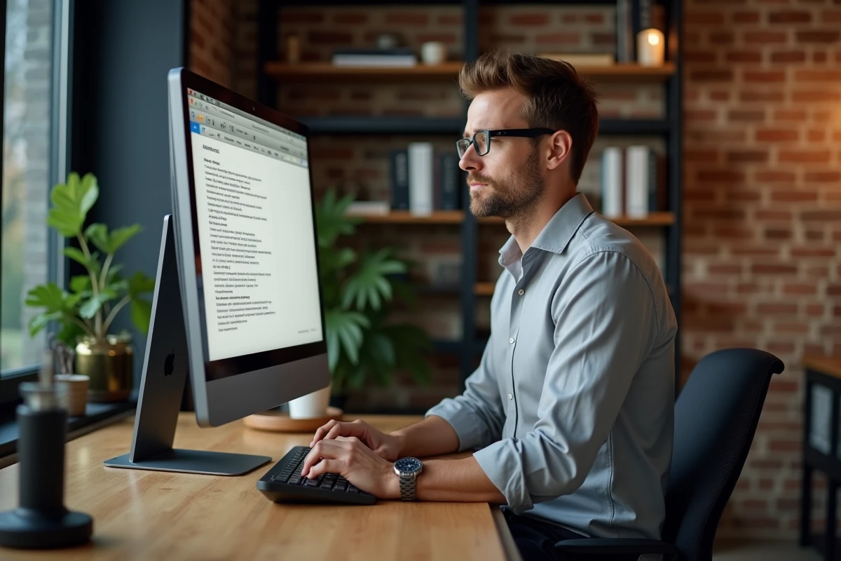 Homme rédigeant un e-mail professionnel formel depuis un bureau à domicile moderne avec écran d'ordinateur visible