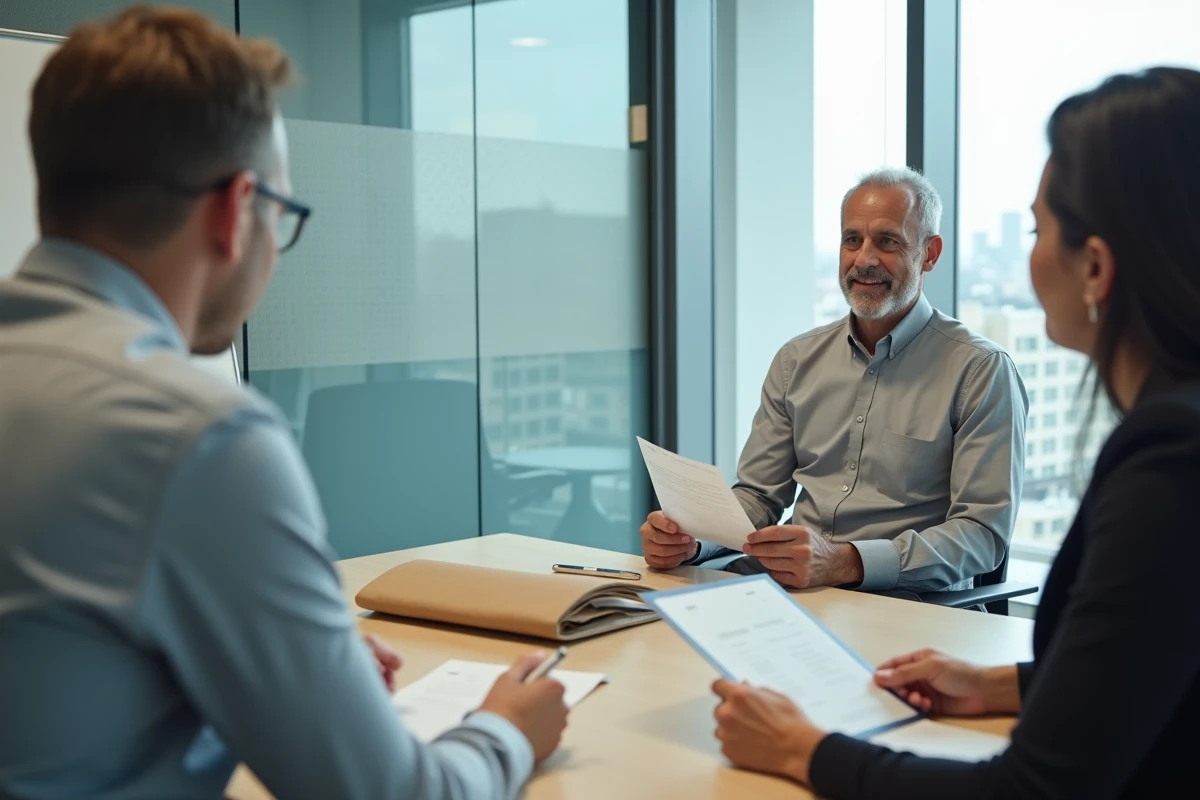 Homme remettant une lettre de rupture conventionnelle à son responsable RH pour officialiser une reconversion de carrière