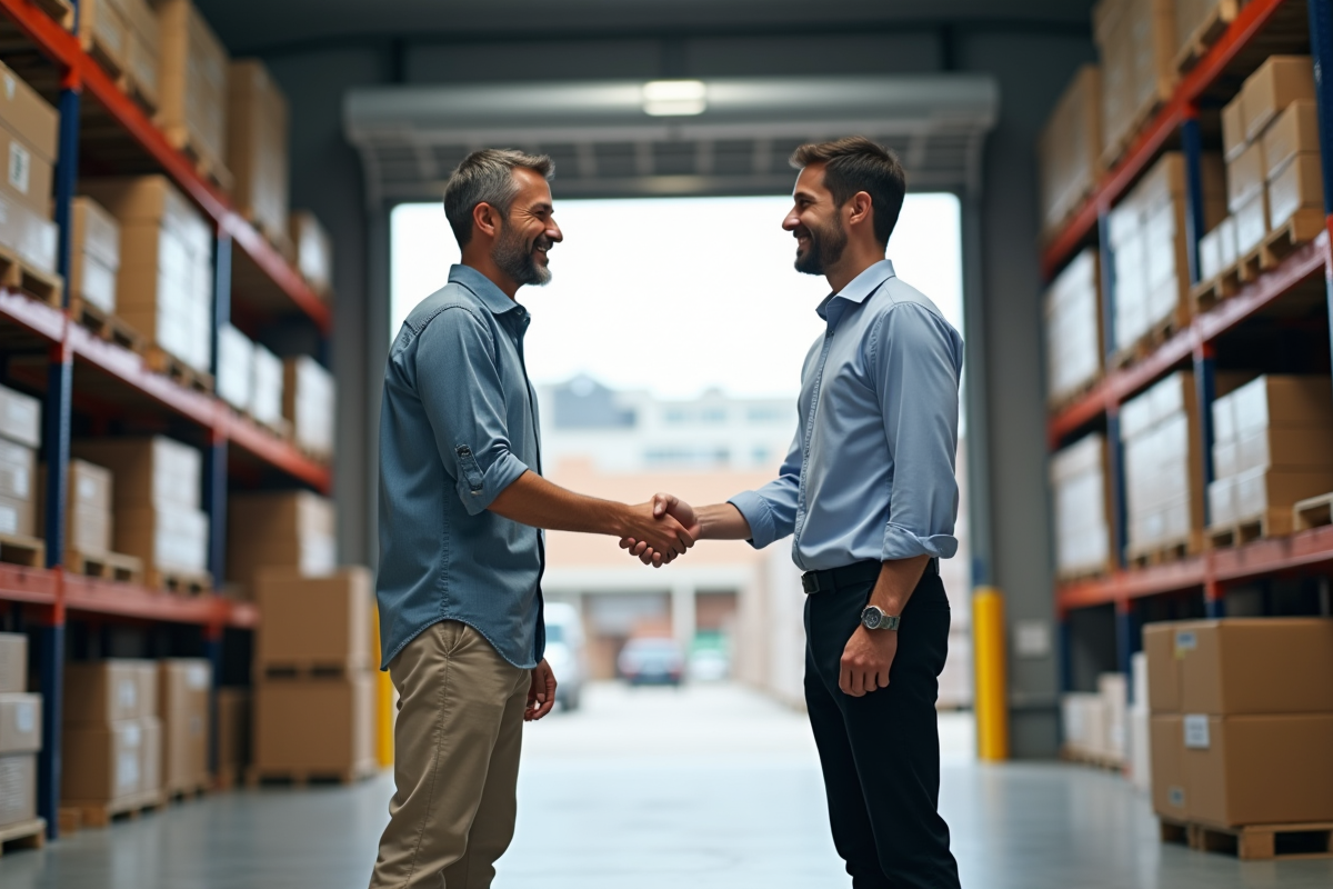 Homme d affaires serre la main d un responsable livraison