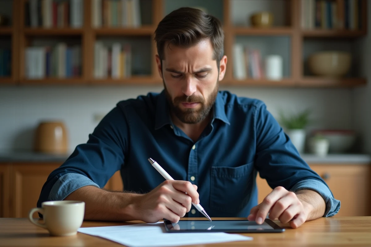 Homme signant un document numérique à domicile, illustrant la valeur juridique de la mention 'Lu et approuvé' en 2026