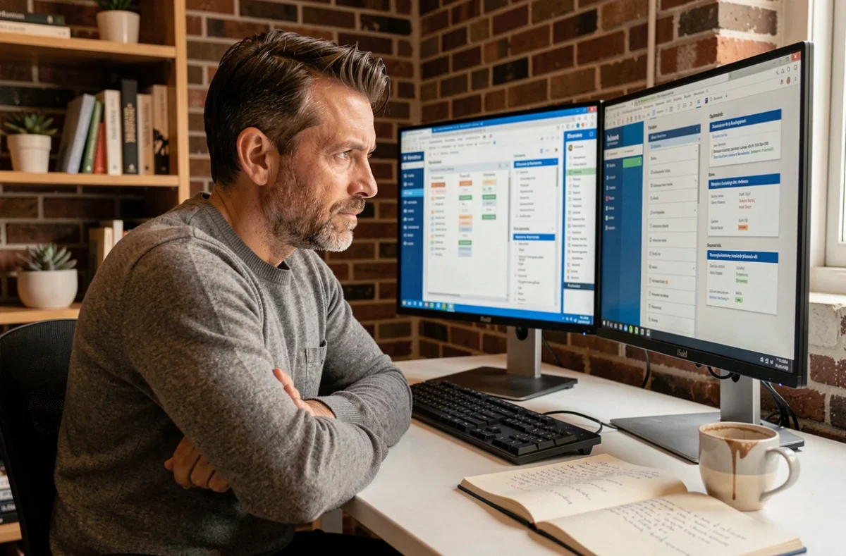 Homme en télétravail comparant des alternatives à un logiciel de gestion de projet sur double écran