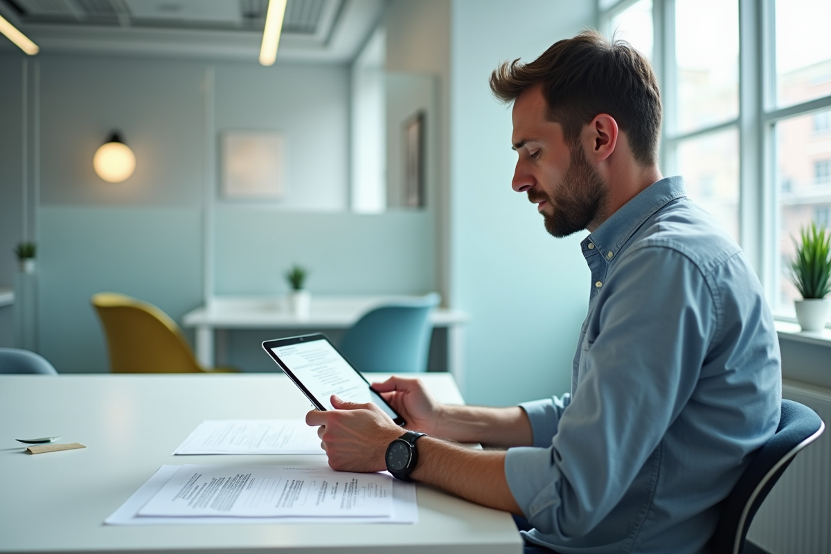 Homme en coworking scannant des documents avec une tablette