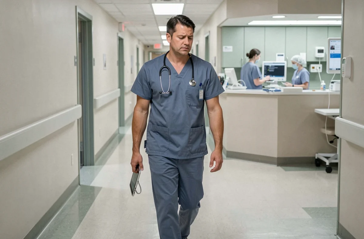 Infirmier épuisé marchant dans un couloir d'hôpital après une longue garde, symbolisant les effets des horaires de travail en 3x8 ou 5x8 sur la santé