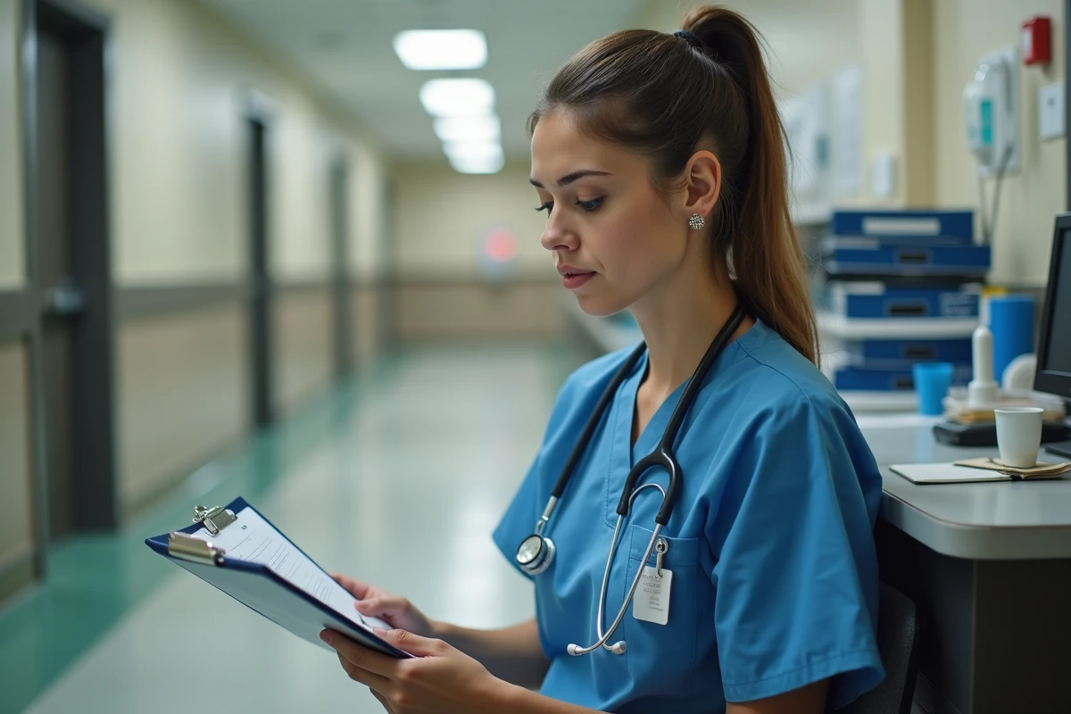 Infirmière en tenue de travail révisant des dossiers médicaux lors d'un long quart de travail de 12 heures à l'hôpital