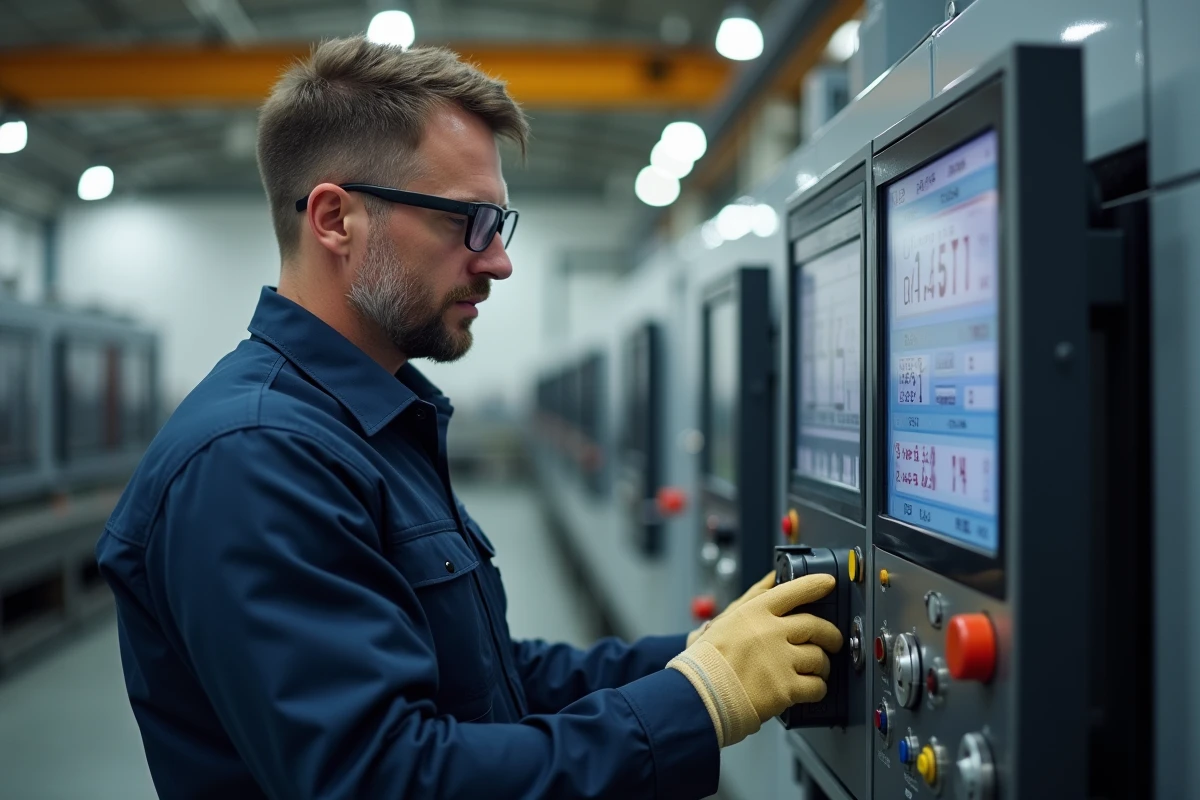 Ingénieur CNC examinant le panneau de contrôle numérique d'une fraiseuse CNC pour optimiser les cycles de production