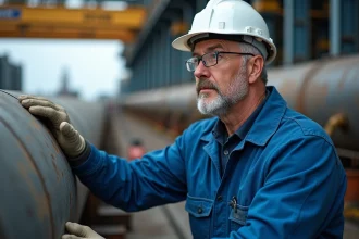 Ingénieur en combinaison bleue examine un tuyau en titane en extérieur