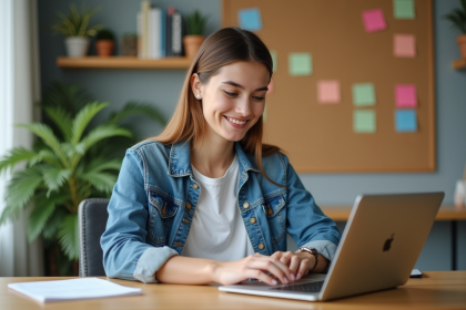 Jeune femme en bureau à domicile travaillant sur son ordinateur