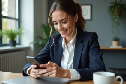Jeune femme en blazer navy souriante au bureau moderne