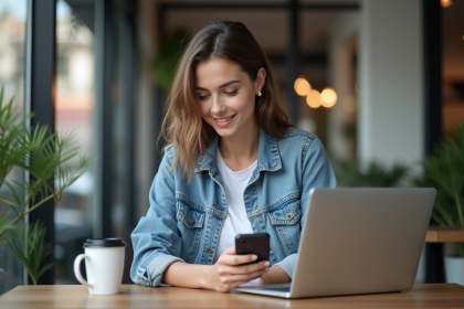 Jeune femme analysant ses réseaux sociaux dans un café