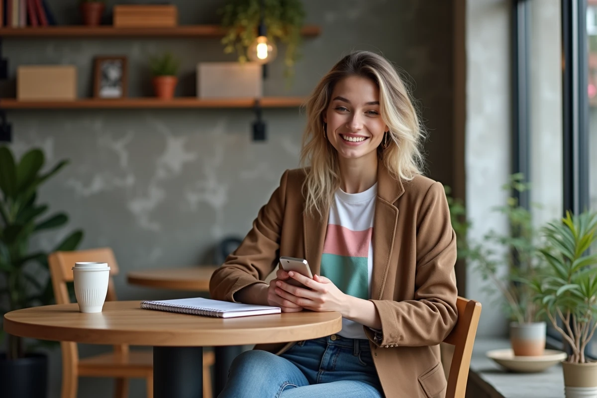 Jeune femme mode assise dans un cafe moderne souriant