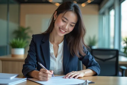Jeune femme en bureau examine un contrat avec sourire professionnel