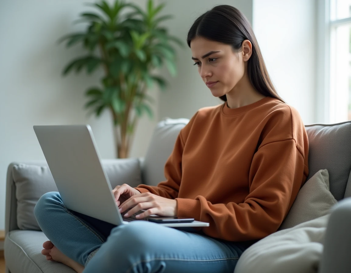 Jeune femme cherchant les horaires et coûts d'appel du service client Backmarket sur son ordinateur portable