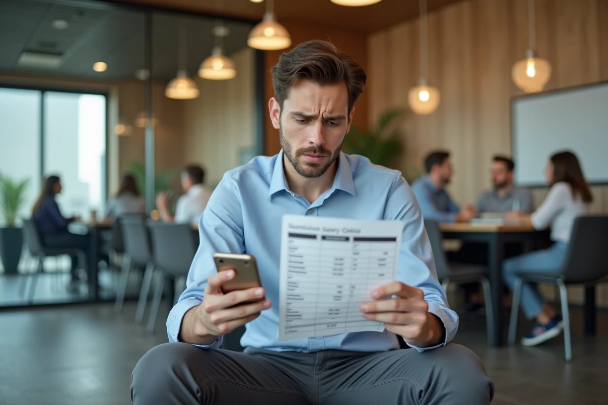 Jeune homme regardant une grille de salaire dans un espace d&eacute;tente