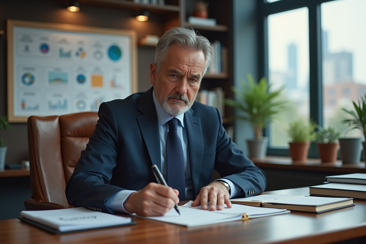 Manager senior prenant des notes dans son bureau
