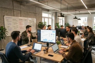 Équipe de consultants SEO travaillant dans un bureau moderne en Val-de-Marne, entourés d'écrans affichant des analyses de référencement