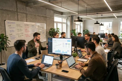 Équipe de consultants SEO travaillant dans un bureau moderne en Val-de-Marne, entourés d'écrans affichant des analyses de référencement