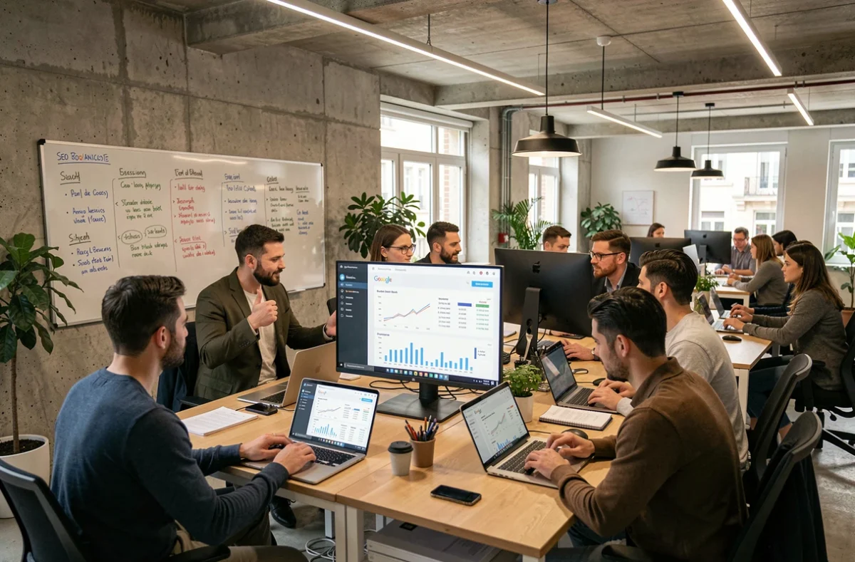 Équipe de consultants SEO travaillant dans un bureau moderne en Val-de-Marne, entourés d'écrans affichant des analyses de référencement