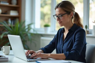 Femme mettant à jour ses informations administratives sur le portail Urssaf depuis son bureau à domicile