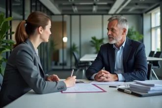Réunion formelle entre un employeur et un salarié pour négocier une rupture conventionnelle autour d'une table de bureau