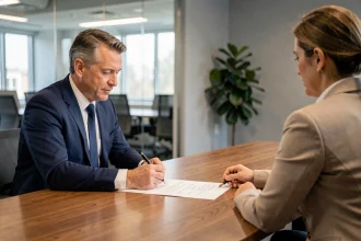 Deux professionnels négociant une rupture conventionnelle autour d'un document officiel en salle de réunion d'entreprise