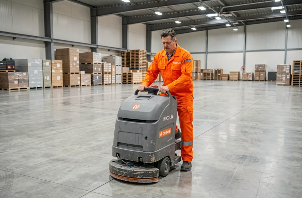 Technicien Nicollin Metz utilisant une autolaveuse industrielle dans un entrepôt