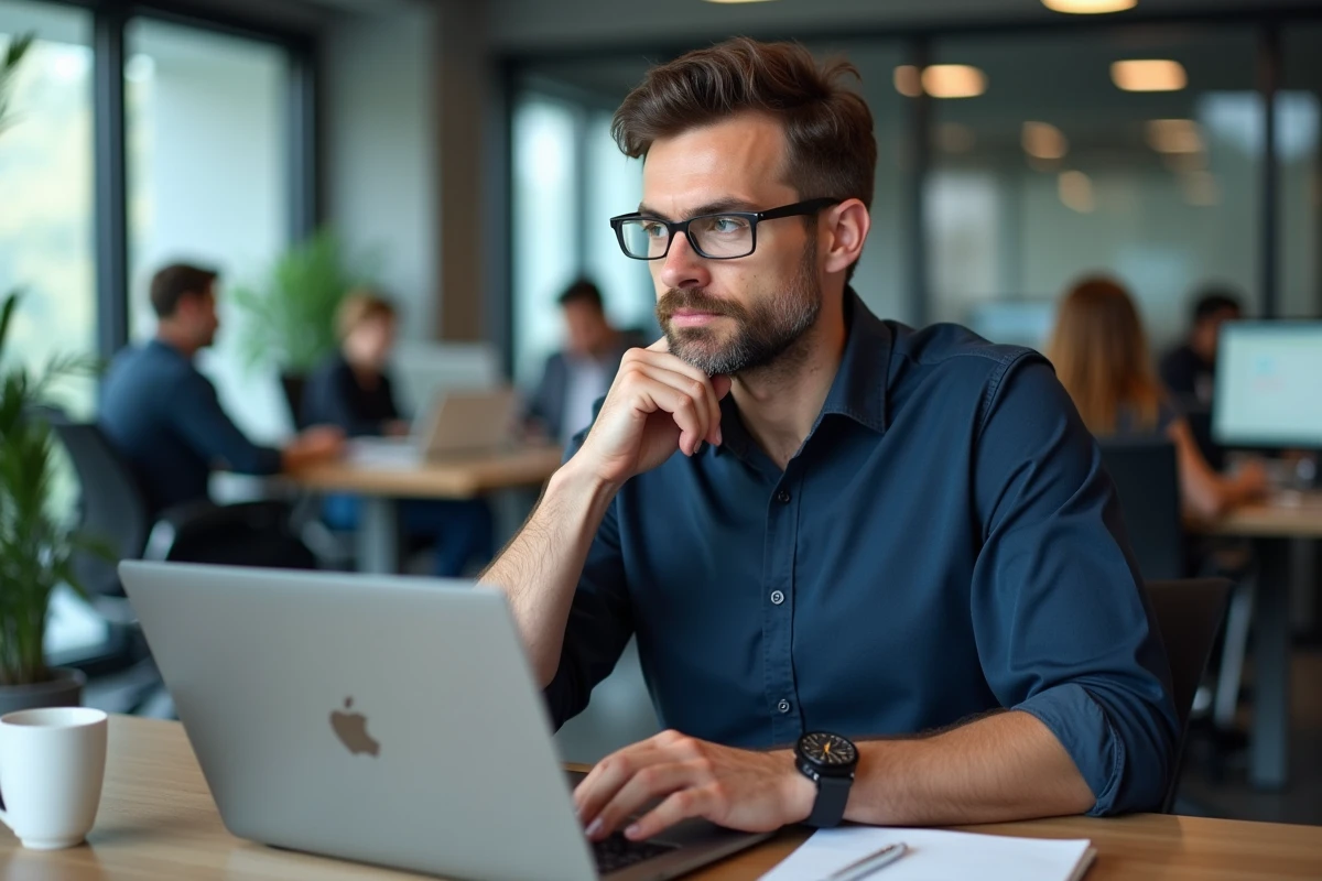 Employé optimisant ses jours de congés 2026 sur ordinateur portable dans un open space