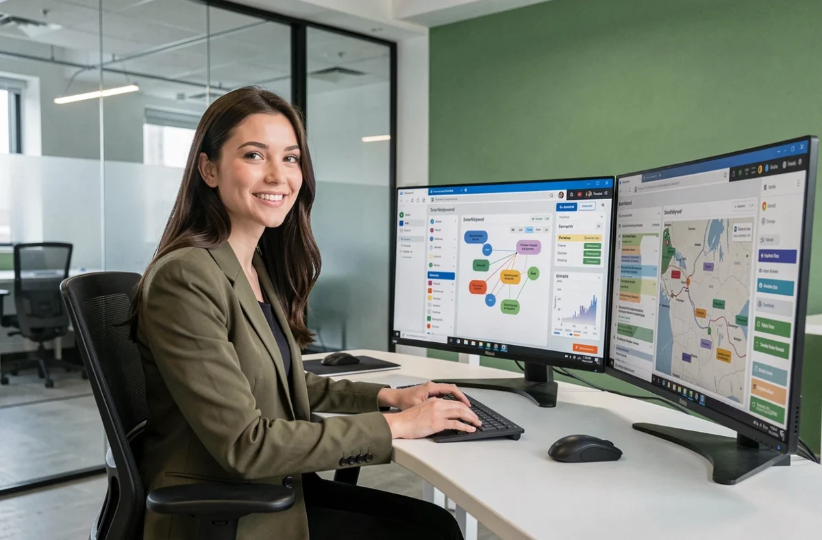 Professionnelle utilisant la plateforme SmartKeyword pour analyser des données SEO et des clusters de mots-clés dans un bureau technologique moderne