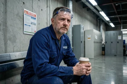 Ouvrier fatigué en pause lors d'un poste de nuit en usine, tenant un café, illustrant l'impact du travail posté sur la santé