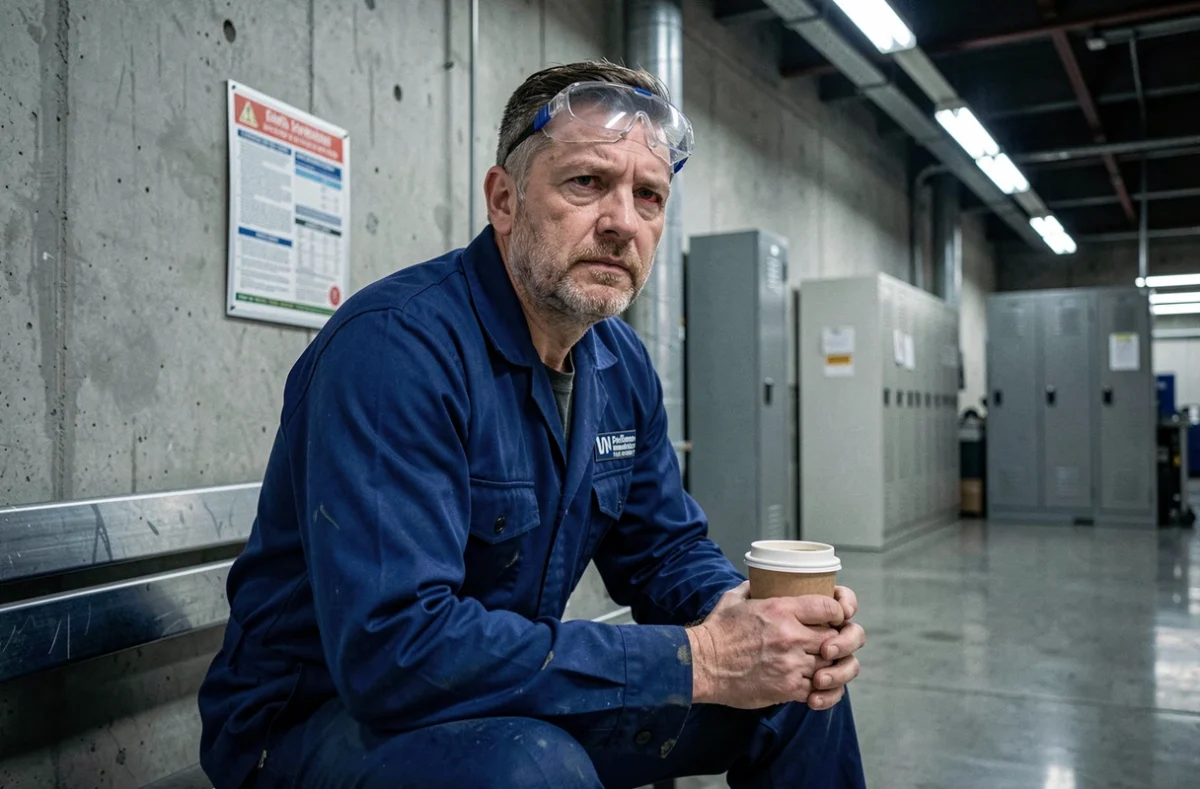 Ouvrier fatigué en pause lors d'un poste de nuit en usine, tenant un café, illustrant l'impact du travail posté sur la santé