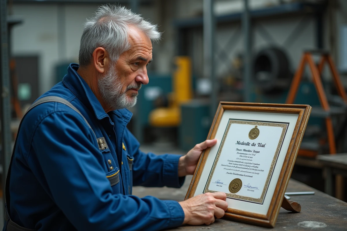 Ouvrier examinant un certificat de medaille du travail dans l