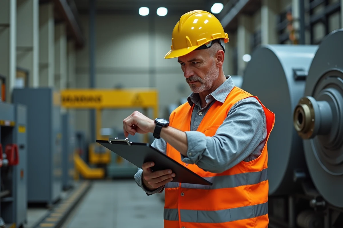 Ouvrier d'usine consultant sa montre et ses notes lors d'un poste de travail de 12 heures en milieu industriel