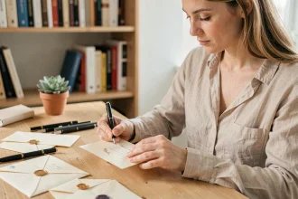 Femme personnalisant une invitation d'événement à la main avec des stylos de calligraphie et des sceaux de cire sur un bureau en bois