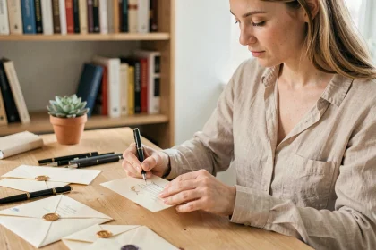 Femme personnalisant une invitation d'événement à la main avec des stylos de calligraphie et des sceaux de cire sur un bureau en bois