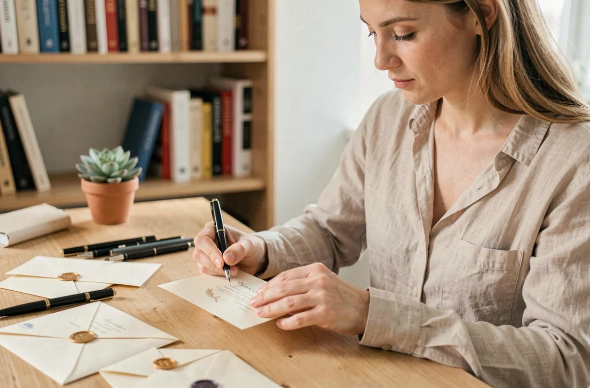 Femme personnalisant une invitation d'événement à la main avec des stylos de calligraphie et des sceaux de cire sur un bureau en bois