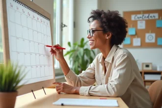 Femme planifiant ses congés 2026 sur un calendrier papier dans un bureau à domicile