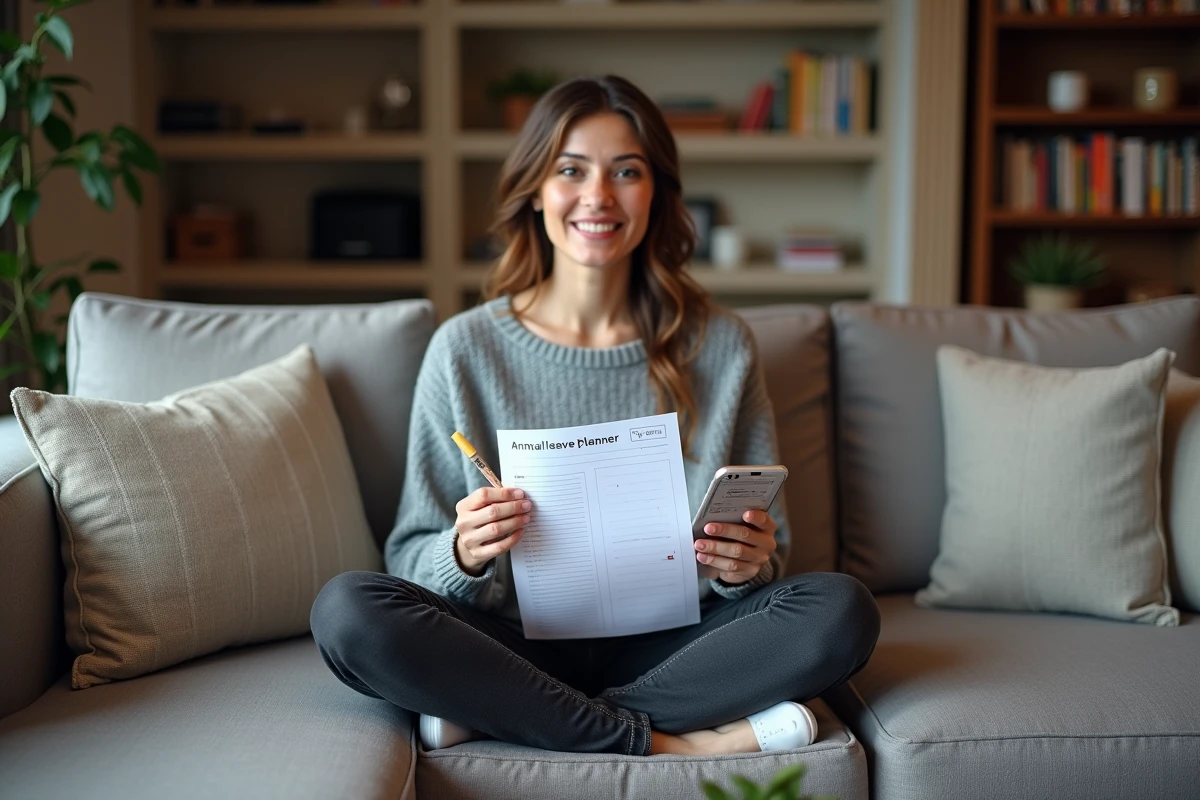 Femme consultant un planning annuel de congés 2026 depuis son canapé à la maison