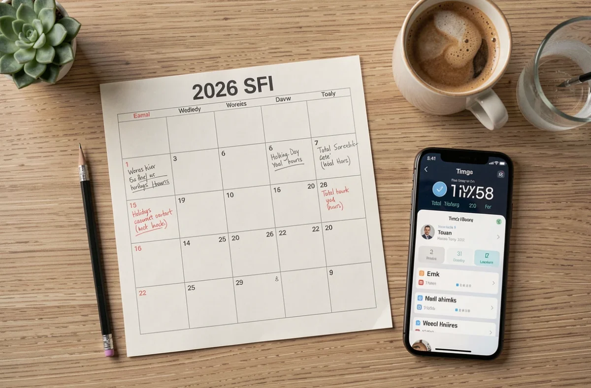 Vue de dessus d'un calendrier 2026 annoté avec calcul des heures de travail annuelles, smartphone et papeterie sur bureau en bois
