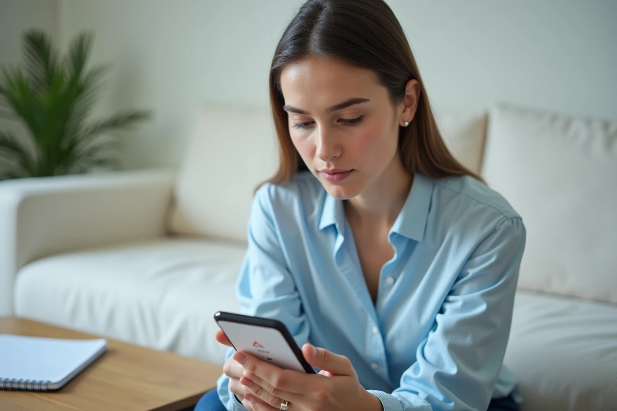Jeune femme consultant MyPeopleDoc sur smartphone et rencontrant une erreur d'authentification lors de sa première connexion