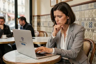 Femme professionnelle frustrée par un problème de connexion WiFi Nomade Paris dans un café parisien